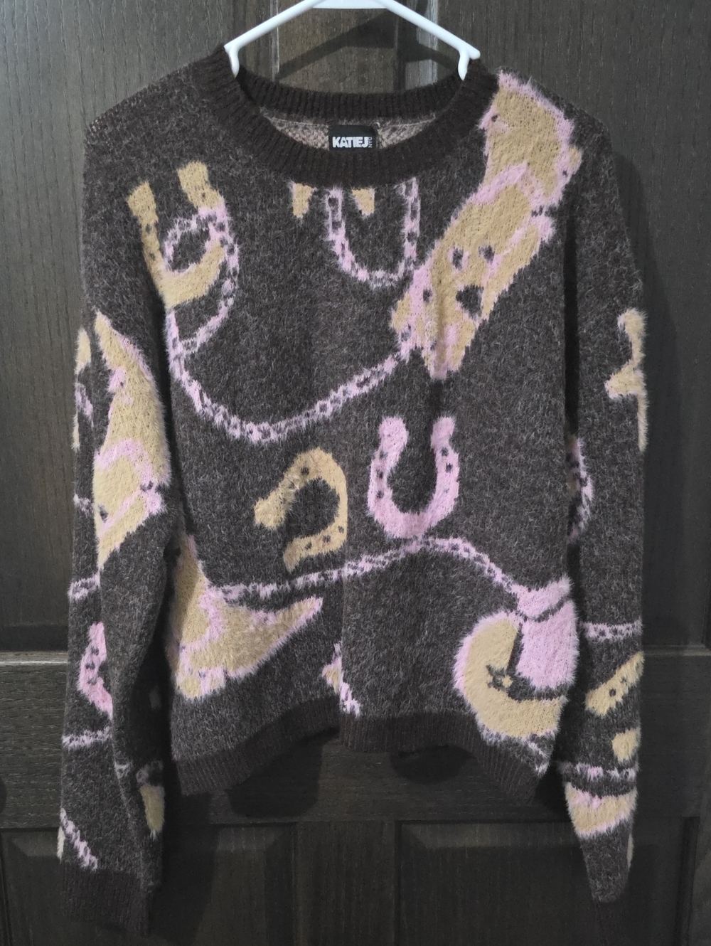 Katie J NYC Brown Fuzzy Crewneck Sweater with Cowgirl Motif - Picture 2 of 4